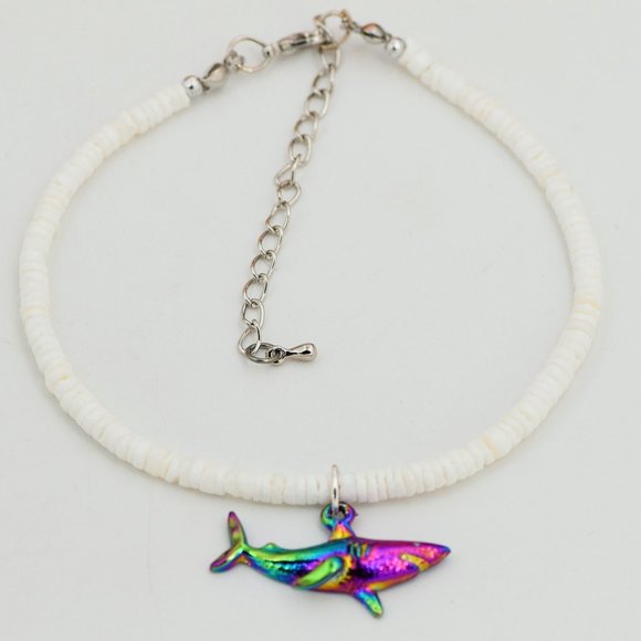 Rainbow Shark Puka Shell Anklet, Adjustable, White 3-4mm Shell Beads, 9" to 12" - Picture 3 of 4